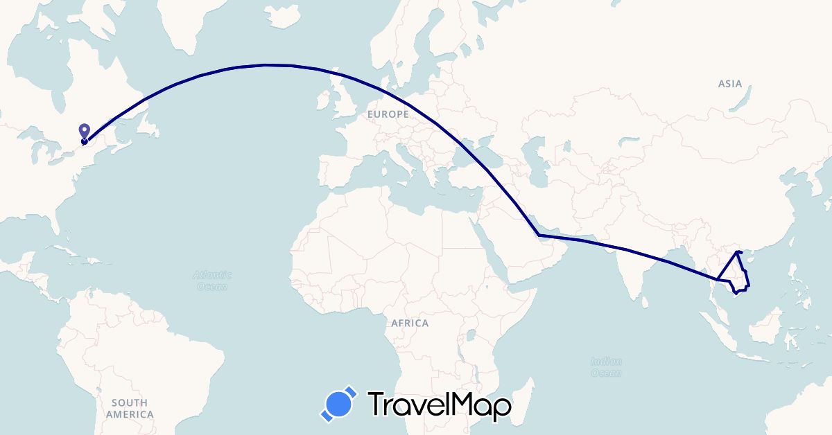TravelMap itinerary: driving in Canada, Cambodia, Qatar, Thailand, Vietnam (Asia, North America)